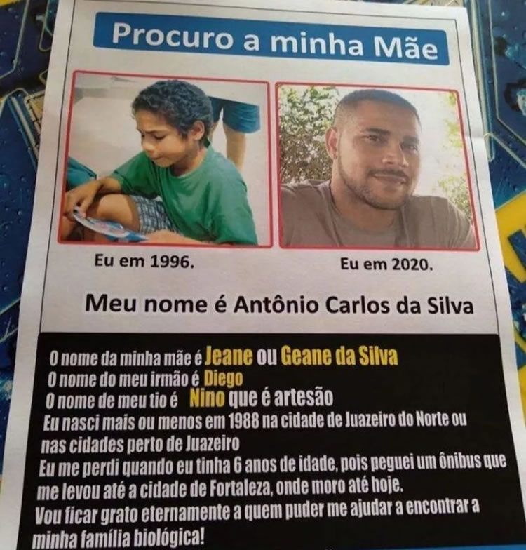 Jovem distribui panfletos em busca da mãe e acha família 27 anos após separação