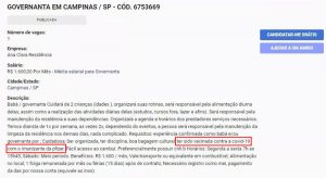 Família procura governanta, e exige trabalhadora imunizada com vacina da Pfizer
