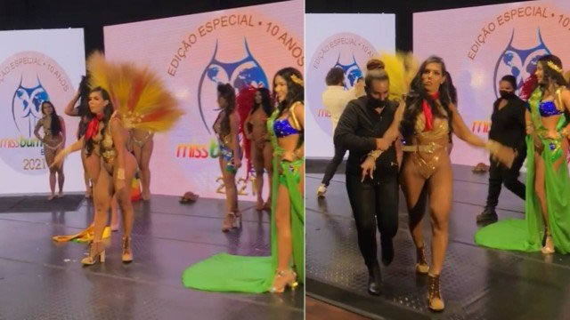 Barraco no Miss Bumbum: candidata derrotada arranca faixa da campeã no palco