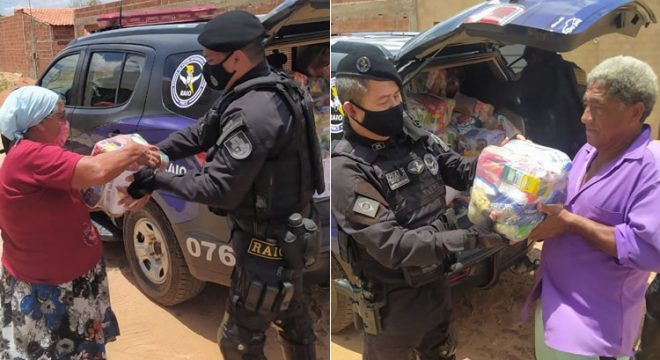 Policiais do RAIO ePoliciais do RAIO em Juazeiro distribuem cestas básicas com carentesm Juazeiro distribuem cestas básicas com carentes