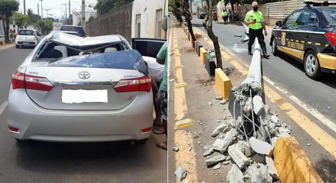 Poste cai sobre o carro de vereador em Juazeiro do Norte o qual ficou bem estragado