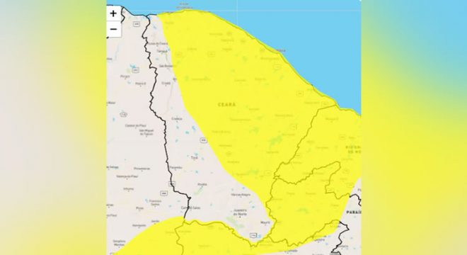 Inmet emite aviso 'amarelo' de chuvas intensas e ventos para quase todo o Ceará