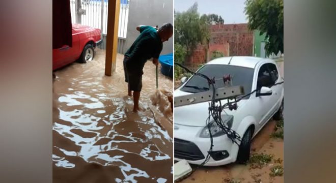 Chuva em Carnaubal, no Ceará, arrasta carro, alaga escolas e faz asfaltos de ruas cederem