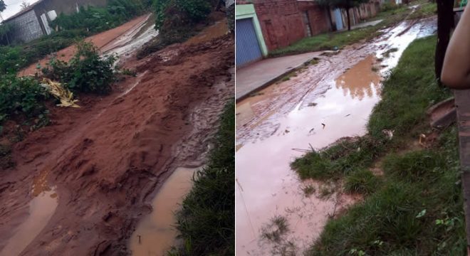 Lama invade ruas e casas após forte chuva no bairro Cirolândia, em Barbalha