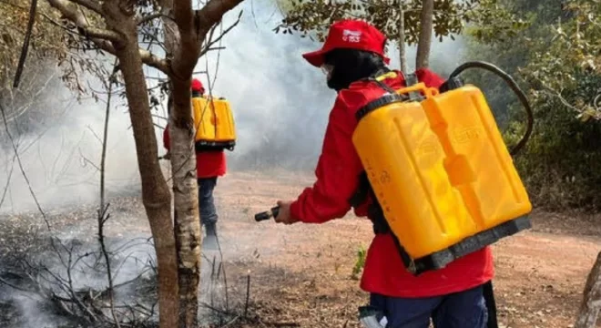 Brigadistas controlando incêndio no Crato.