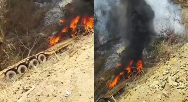 Caminhão pega fogo na BR-116, na cidade do Barro