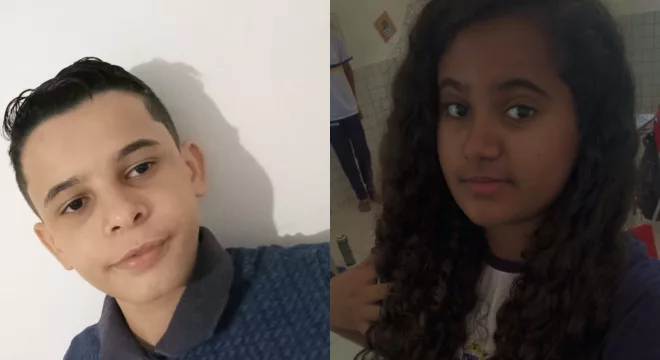 Alunos Roberta Alves Rodrigues e Wilker Gabriel de Carvalho Fernandes, do 8º ano da Escola Maria Virgem