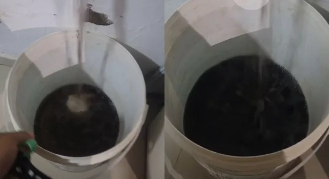 Moradores denunciam chegada de água escura, no bairro Pedrinhas, em Juazeiro do Norte, após a suspensão do abastecimento na última segunda-feira (17).