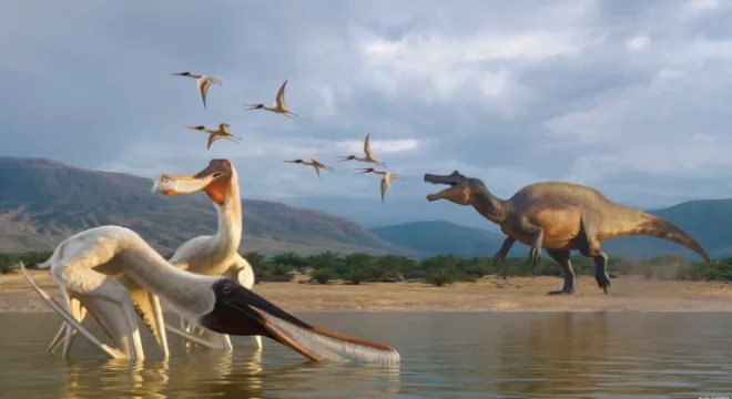 Reconstrução artística do Barikibu waridza gen et sp. nov. no ambiente da Formação Romualdo do Cretáceo Inferior.