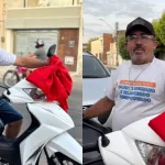 Antonio Pereira, porteiro que recebeu a moto dos pais em duas fotos.