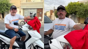 Antonio Pereira, porteiro que recebeu a moto dos pais em duas fotos.