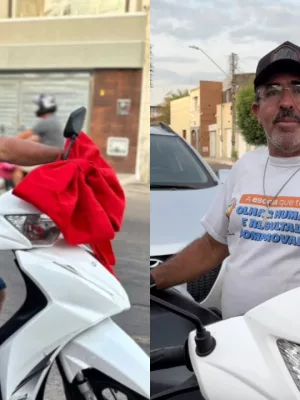 Antonio Pereira, porteiro que recebeu a moto dos pais em duas fotos.