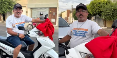 Antonio Pereira, porteiro que recebeu a moto dos pais em duas fotos.