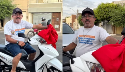 Antonio Pereira, porteiro que recebeu a moto dos pais em duas fotos.