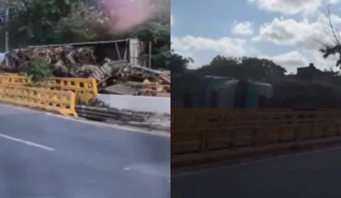 Caminhão tomba na Avenida Leão Sampaio.