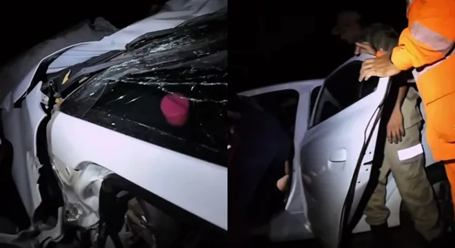 Carro colide com poste de alta tensão em Juazeiro do Norte.