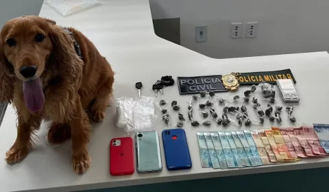 Cão farejador da Polícia Civil auxiliou na localização de entorpecentes e materiais relacionados ao tráfico de drogas,