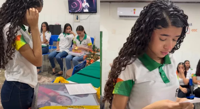 Emily aparece na sala emocionada com o presente que foi doado por um professor que adotou a ideia.