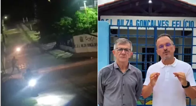troca de tiros entre policiais e bandidos no crato, em 15 de janeiro de 2026. ao lado a foto de andré barreto, prefeito da cidade e Werisleik Pontes, secretário de segurança pública.