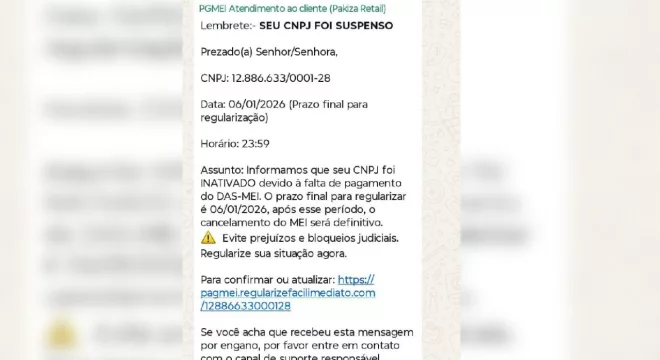 A Prefeitura de Juazeiro do Norte,  emitiu um alerta aos microempreendedores individuais (MEIs) sobre a circulação de mensagens falsas enviadas por WhatsApp que simulam comunicados oficiais informando suspensão ou inativação do cadastro,