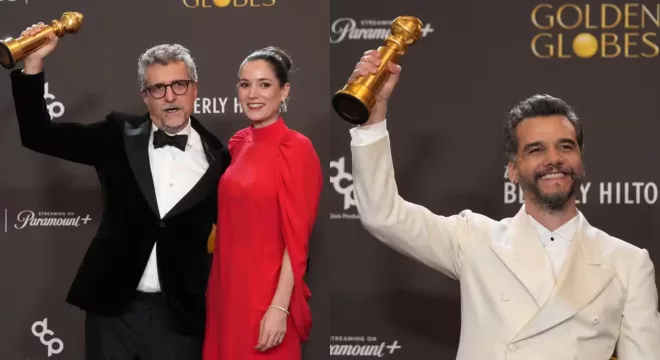 Kleber Mendonça e Wagner Moura no Globo de Ouro 2026.