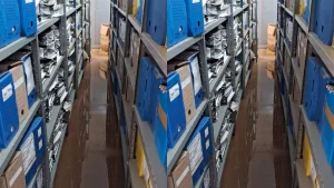 Sala da Divisão de Arquivos da Universidade Federal do Cariri (UFCA), no campus Juazeiro do Norte, alagada.