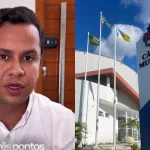 Felipe Vasques, presidente da Câmara de Juazeiro do Norte. Ao lado uma foto da sede da Casa Legislativa.