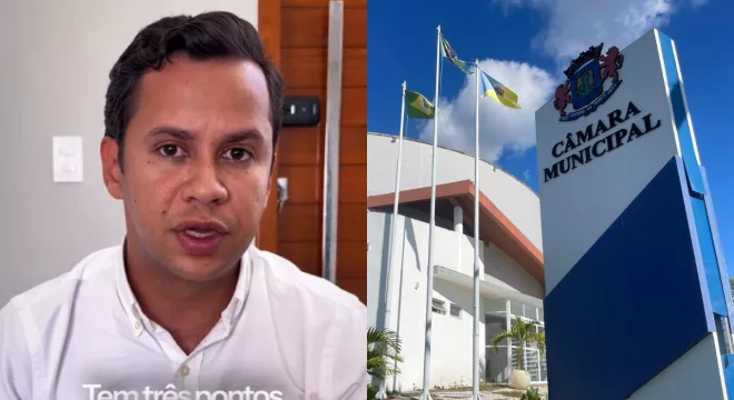 Felipe Vasques, presidente da Câmara de Juazeiro do Norte. Ao lado uma foto da sede da Casa Legislativa.
