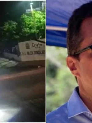 troca de tiros entre policiais e bandidos no crato, em 15 de janeiro de 2026. ao lado a foto de andré barreto, prefeito da cidade.