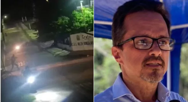 troca de tiros entre policiais e bandidos no crato, em 15 de janeiro de 2026. ao lado a foto de andré barreto, prefeito da cidade.