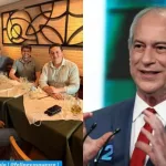 A foto é uma colagem de duas imagens. Do lado esquerdo a foto de aliados em uma mesa sorrindo para a câmera, e a segunda a foto de Ciro Gomes.