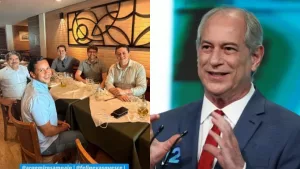 A foto é uma colagem de duas imagens. Do lado esquerdo a foto de aliados em uma mesa sorrindo para a câmera, e a segunda a foto de Ciro Gomes.