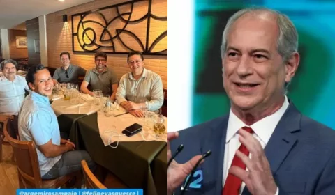 A foto é uma colagem de duas imagens. Do lado esquerdo a foto de aliados em uma mesa sorrindo para a câmera, e a segunda a foto de Ciro Gomes.
