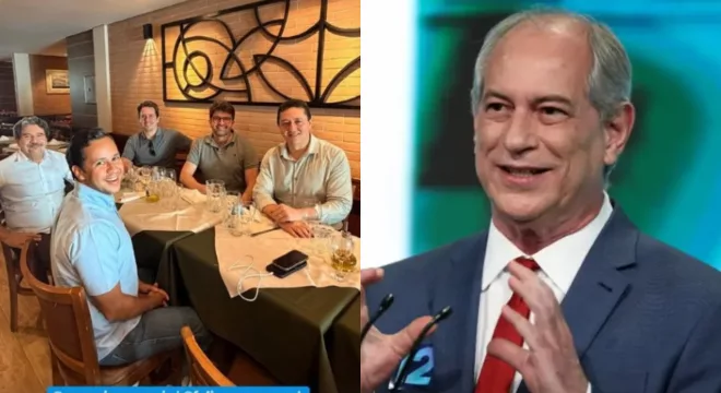 A foto é uma colagem de duas imagens. Do lado esquerdo a foto de aliados em uma mesa sorrindo para a câmera, e a segunda a foto de Ciro Gomes.