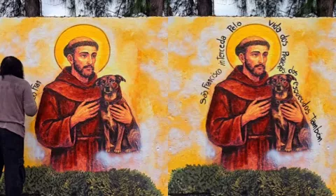 Mural do Cão Orelha, no Cariri. Na obra, Petrova retratou Orelha nos braços de São Francisco de Assis, considerado pela comunidade católica como protetor dos animais.