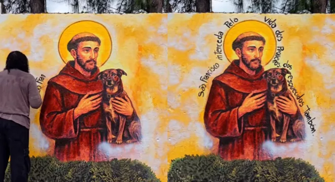 Mural do Cão Orelha, no Cariri. Na obra, Petrova retratou Orelha nos braços de São Francisco de Assis, considerado pela comunidade católica como protetor dos animais.