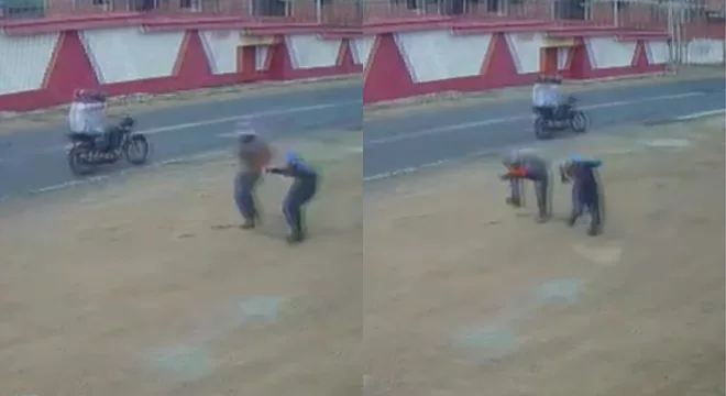 Imagens mostram as vítimas caminhando a pé quando são surpreendidas por dois suspeitos em uma motocicleta em Sobral.