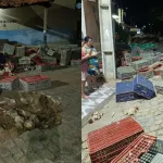 Um poste e uma placa de sinalização foram atingidos pelo caminhão.