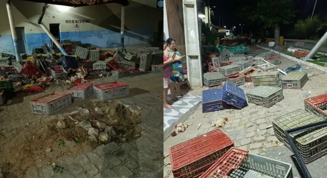 Um poste e uma placa de sinalização foram atingidos pelo caminhão.