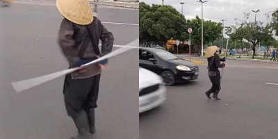 Ninja atravessa a rotatória enquanto veículos trafegam pela rotatória Crajubar | Foto: Reprodução/ Instagram