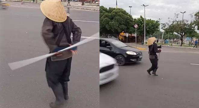 Ninja atravessa a rotatória enquanto veículos trafegam pela rotatória Crajubar | Foto: Reprodução/ Instagram