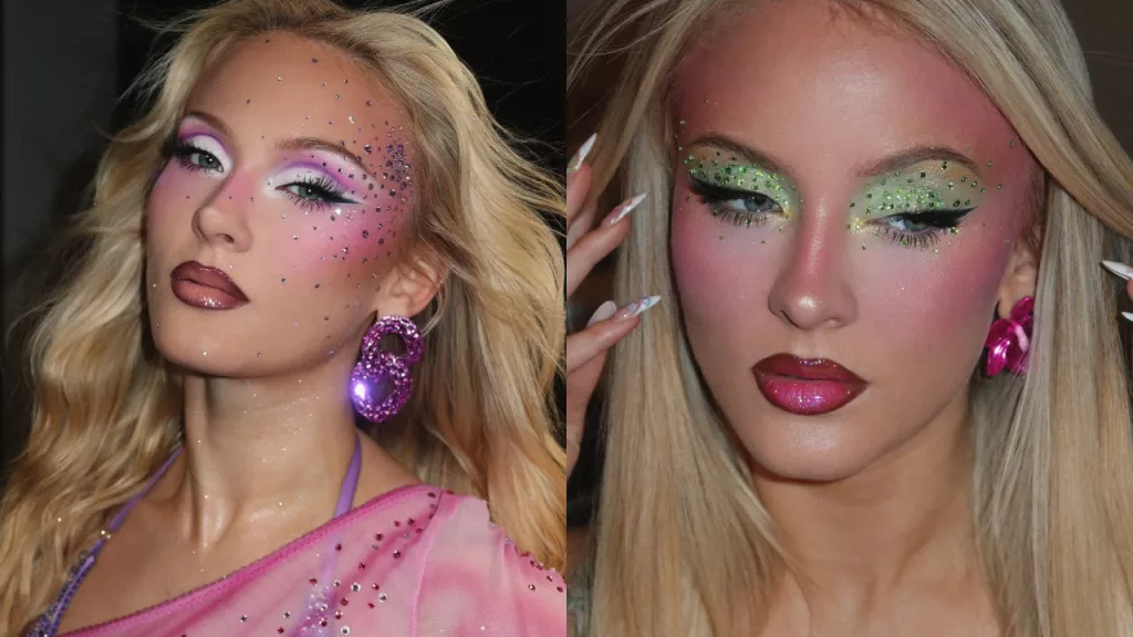 A cantora Zara Larsson está resgatando a estética dos anos 2000 com suas maquiagens coloridas e cheias de brilho.