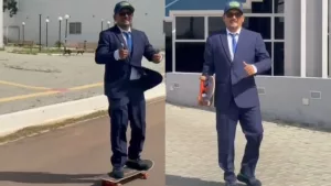 Damião Teles chegou de skate à Câmara Municipal de Juazeiro do Norte