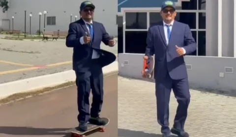 Damião Teles chegou de skate à Câmara Municipal de Juazeiro do Norte