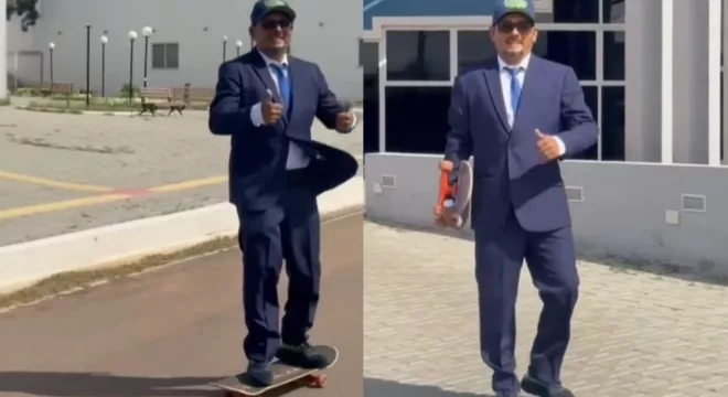 Damião Teles chegou de skate à Câmara Municipal de Juazeiro do Norte