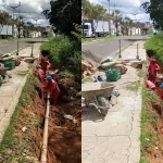 Homens trabalhando no reparo da estrutura da calçada do Parque das Timbaúbas, em Juazeiro do Norte.