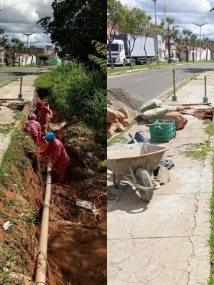 Homens trabalhando no reparo da estrutura da calçada do Parque das Timbaúbas, em Juazeiro do Norte.
