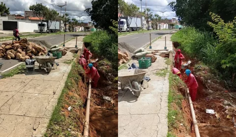 Homens trabalhando no reparo da estrutura da calçada do Parque das Timbaúbas, em Juazeiro do Norte.