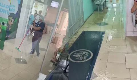 Parte da recepção do pronto-socorro do Hospital Maternidade São Vicente de Paulo (HMSVP), em Barbalha, alagada.