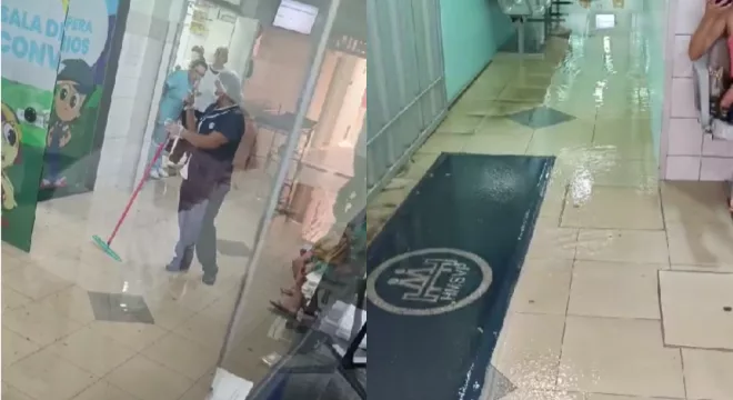 Parte da recepção do pronto-socorro do Hospital Maternidade São Vicente de Paulo (HMSVP), em Barbalha, alagada.